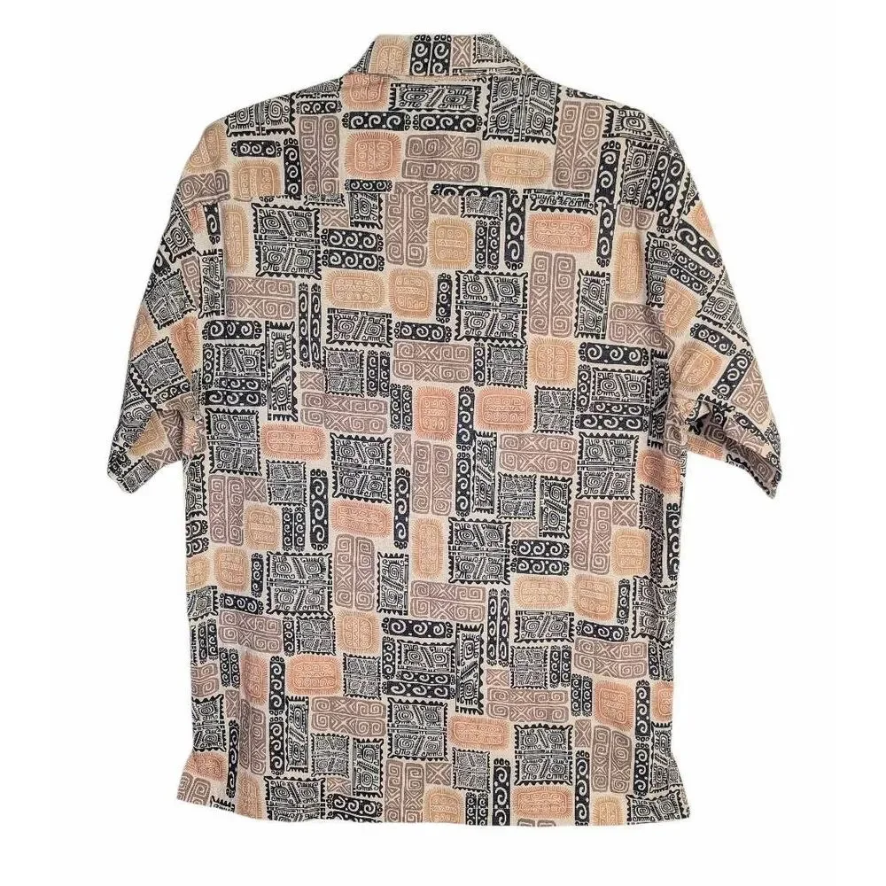 Tori Richard Hawaiian tiki beige tan black cotton button down shirt M USA